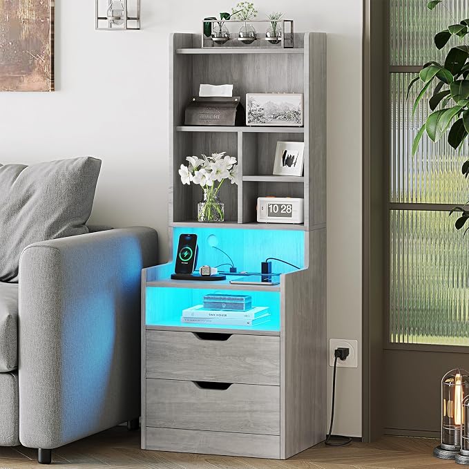 ADORNEVE Tall Night Stand with Charging Station and LED Lights,Nightstand with Bookshelf,Bedside Table with Drawers & Power Outlets,End Side Table for Bedrooms (Grey) - Image 7