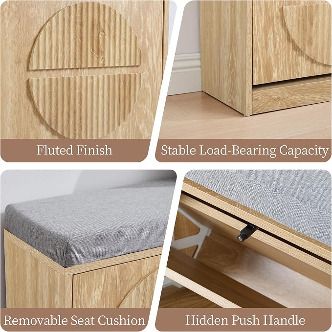 Narrow Shoe Storage Bench for Entryway, Wooden Shoe Cabinet with Flip Drawers& Adjustable Shelves, Shoe Rack Bench with Cushion, Shoe Organizer with Fluted Pattern for Hallway, Living Room (Natural) - Image 9