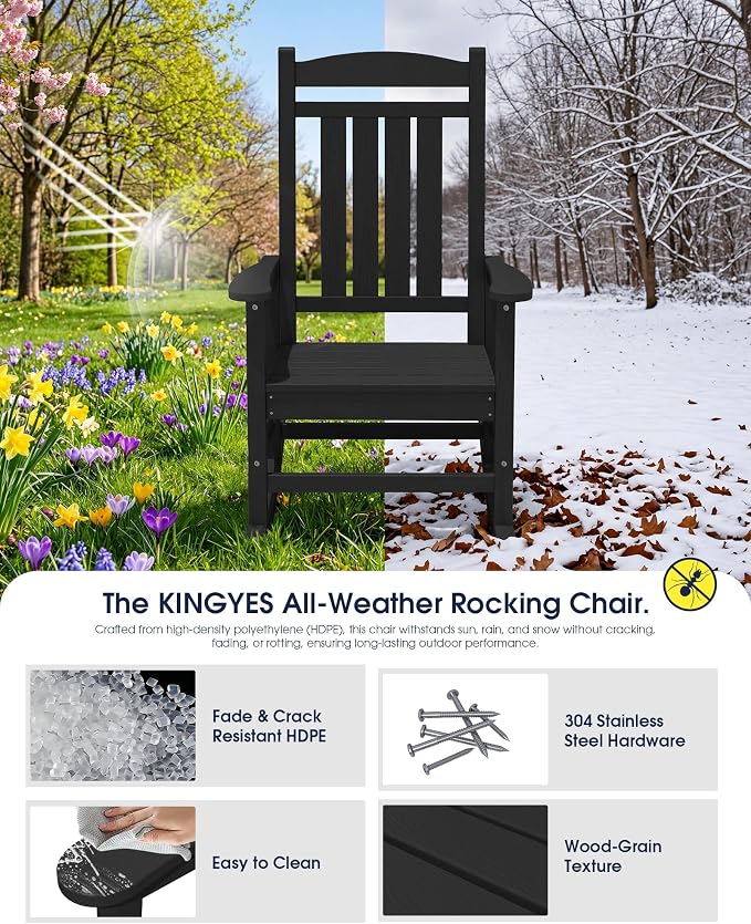 KINGYES Oversized Outdoor Rocking Chair Set of 2, High Density Polyethylene Patio Rocking Chairs with 330lbs Support for Adults, Black - Image 5