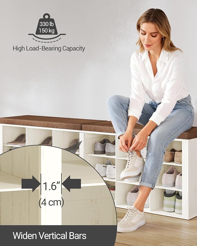 Hzuaneri Shoe Storage Bench with Cushion, Entryway Storage Bench with 18 Cubbies, 9.5" Widened Organizer Cabinet, Long Cubby Rack for Living Room, Bedroom, Entryway, White and Brown SB25714KA - Image 6