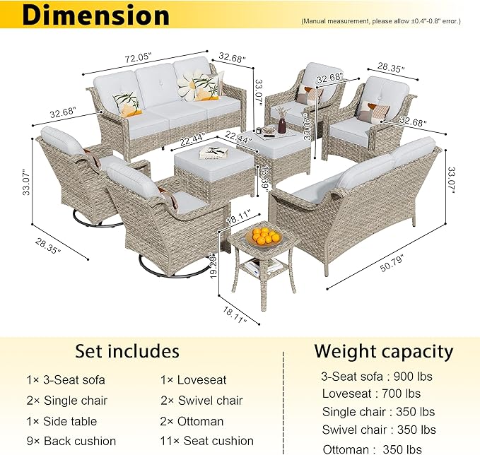 HOOOWOOO 9 Piece Patio Furniture Conversation Sets with Swivel Rocking Chairs,Outdoor Wicker Furniture with Ottoman,All Weather Resistant High Back Rattan Conversational Set(Light Grey Gray)
