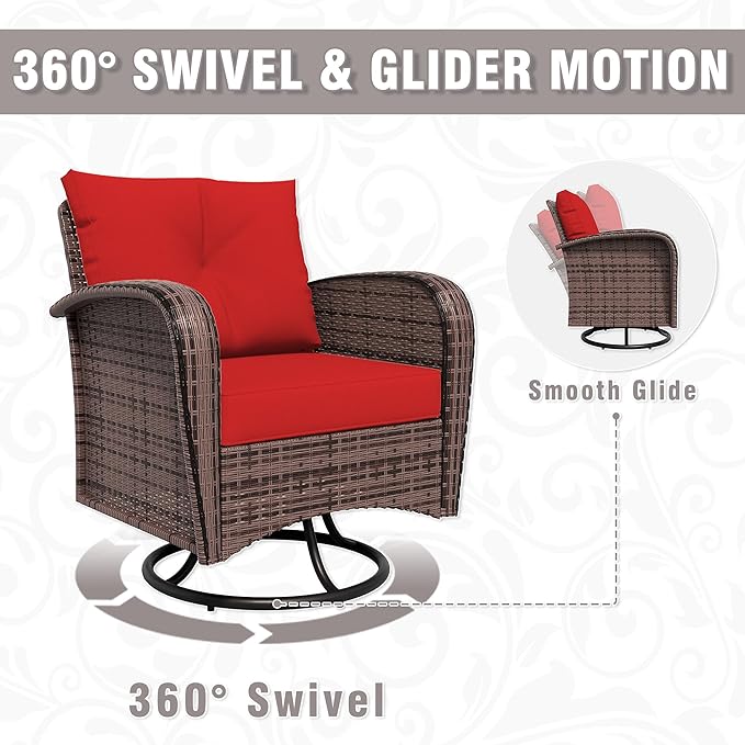 7 Piece Patio Conversation Set – 2 Swivel Rocking Chairs, 2 Coffee Tables & 3-Seater Sofa | PE Wicker Patio Sectional | Heavy-Duty Steel Frame & Weatherproof Cushions, Red