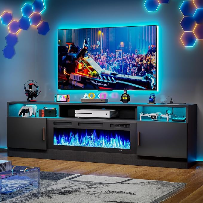 MXV 70" Fireplace TV Stand with Power Outlet for TVs UP to 80", Electric Fireplace Entertainment Center with LED Lights & Storage Cabinets, TV Console for Living Room, Office, Black-Black by Unknown