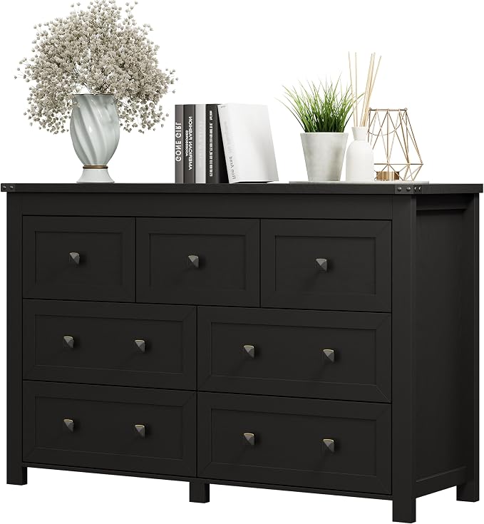 7 Drawer Dresser for Bedroom, Farmhouse Wood Chest of Drawers, Wide TV Stand Closet Storage Furniture with Metal Handle, Modern Wooden Clothes Organizer for Hallway, Living Room, Entryway, Black by Xixini