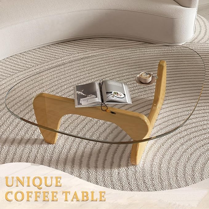 Modern Large Glass Triangle Coffee Table - Unique Wooden Center Table with Wood Legs, Funky Vintage Minimalist Design for Small Spaces