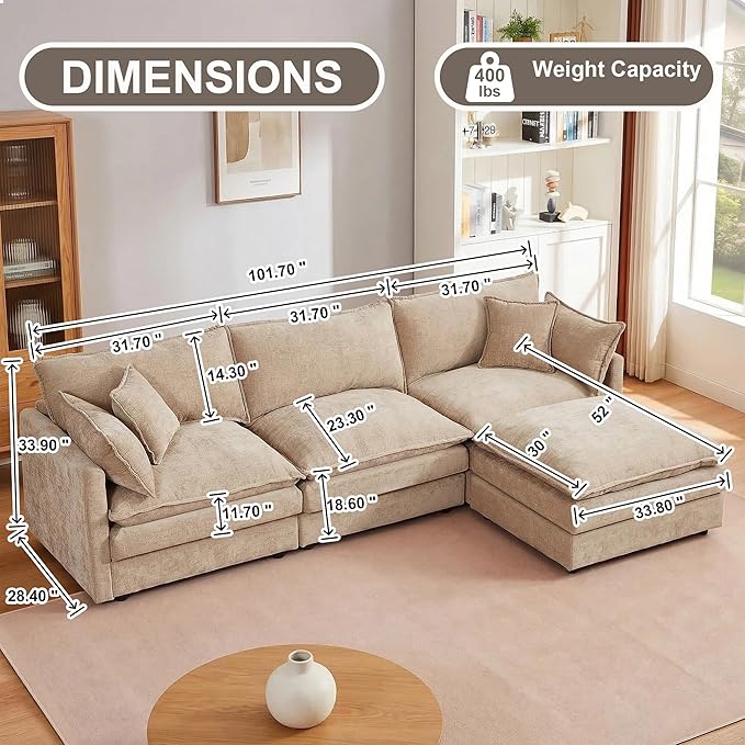 102" Cloud Couch Sectional, Modular Sectional Sofa with Chaise & 4 Removable Washable Pillows, Oversized L-Shaped Couch for Living Room, Modern 3-Seat Cloud Sofa Sectional with Deep Seat, Coffee