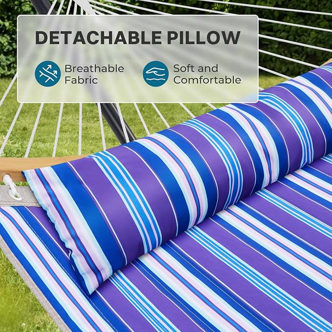 SUPERJARE Curved-Bar Hammock with Stand, 2 Person Heavy Duty Hammock Frame, Detachable Pillow & Portable Carrying Bag, Perfect for Outdoor & Indoor, Deep Ocean Fine Stripe - Image 3