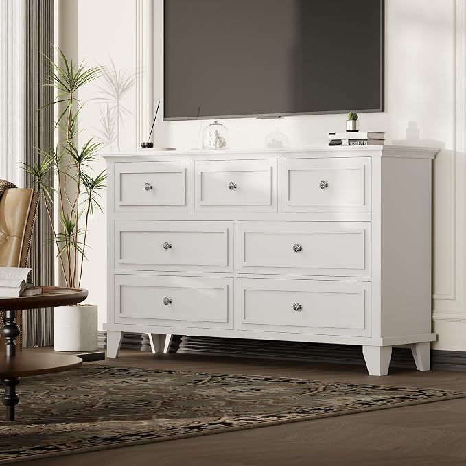 GAOMON White Dresser, 7 Drawer Dresser for Bedroom, Chest of Drawers with Deep Drawers, Closet Dressers with Metal Handle, Thickened Desktop, Wood Rustic Drawers for Hallway, Entryway, Closet - Image 3
