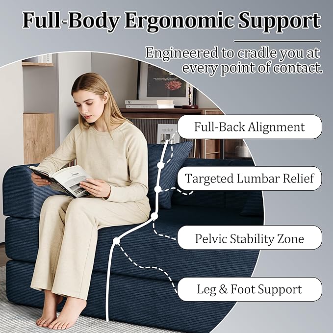 53.15'' Convertible Compressed Corduroy Folding Sofa Bed, Modern Boneless Pull Out Loveseat Sleeper in a Box, 4 in 1 Floor Mattress Futon Cloud Couch, No Assembly Needed, Navy Blue, 2 Pillows, Full