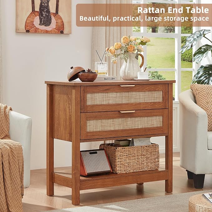 LEYAOYAO 31.5" Wide Rattan Night Stand, Large Boho Nightstand, Bedside Table with Storage, Tall Bed Side End Tables, Chest of Drawers for Bedroom, Living Room, Hallway（Brown,2 Drawers,2） - Image 3