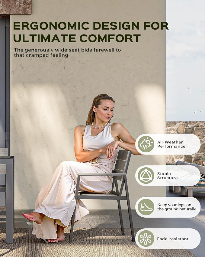 Vexwalx 7-Piece Outdoor Dining Set, Aluminum Dining Table Set for 6, Patio Table and Chairs Set with Umbrella Hole, All Weather HDPS Outdoor Table and Chairs for 6 (Gray) - Image 3