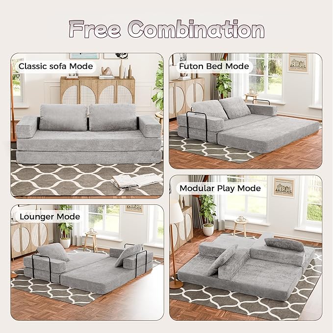 Convertible Sofa Bed, 4-in-1 DIY Combination Boneless Sleeper Sofa Bed with Pillows, Comfy Modular Couch with Fixed-Shape Frame, Chenille Convertible Lounge Couch for Living Room, Light Gray