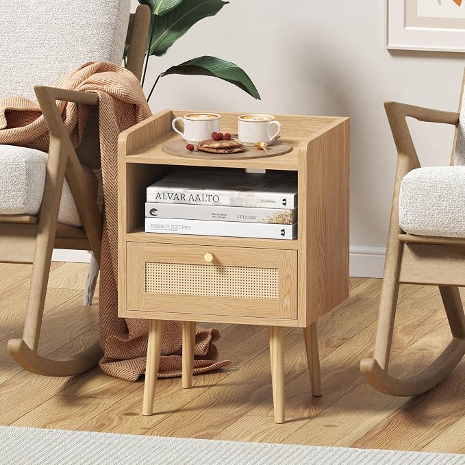 MECHYIN Nightstand with Charging Station & Rattan Decor Drawer, Boho Bedside End Table, Bed Side Table with Open Storage for Apartment Bedroom Living Room Dorm - Image 6