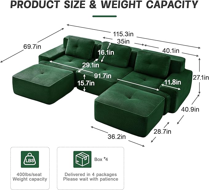 Casaphoria 115'' Green Modular Sofa Set, 3-Seat U-Shaped Corduroy Couch with 2 Ottomans for Large Living Room No Assembly Required Deep Seat Sectional Couch