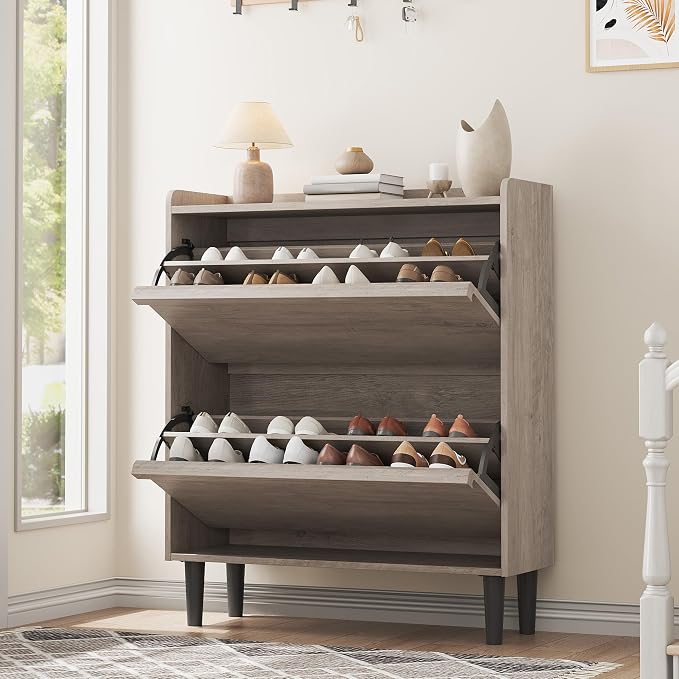 GarveeHome Shoe Cabinet with 2 Flip Drawers, Wooden Shoe Organizer Cabinet with Adjustable Shelf, Shoe Storage for Entryway, Hidden Shoe Cabinet for Hallway, Living Room, Grey by GarveeHome