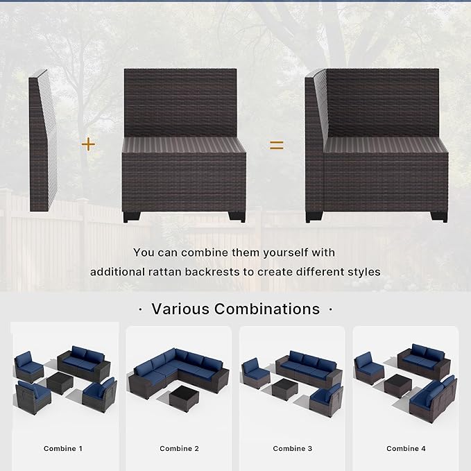 Gotland 10 Pieces Patio Furniture Set with 2 Swivel Rocking Chairs 1 Fire Pit Table, Patio Furniture in 4 Combinations with 1 Coffee Table Wide Armrests 29.5'' High Backrest, for Deck Garden Pool Navy