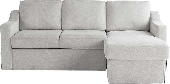 Serta Hawthorne 89.8" Slipcovered Convertible Sleeper Sofa Chaise, Queen Size, Dreamcoil Comfort, Reversible Storage Chaise, Polyester Tweed Fabric, Linen