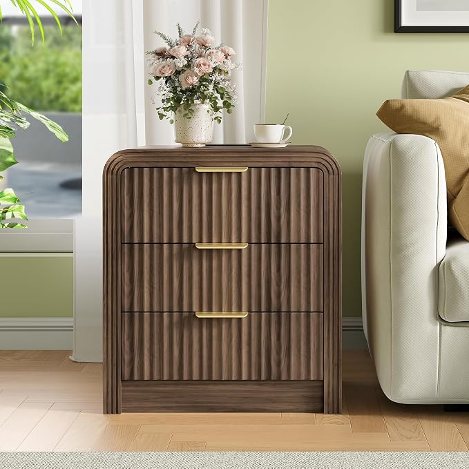 Decofy Fluted Nightstand with Charging Station, Modern Bedroom Side Table with Gold Handles, Curved Profile Design, End Table Wood Organizer for Bedroom, 19.7" & 3 Drawers (2 Pack, Walnut) - Image 2