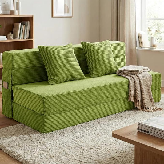 Queen Size Folding Sofa Bed - 4 in 1 Convertible Sleeper Chair with Two Pillows - High Density Memory Foam Futon Couch - Foldable Bed for Living Room Bedroom (Green)