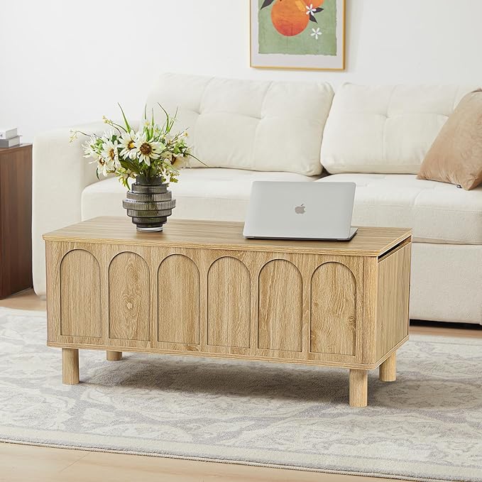 Lift Top Coffee Table with Arched Finish, Modern Coffee Table with Lifting Tabletop & Hidden Storage, Wood Center Table for Living Room,Convenient for Dining, Gaming or Working (Natural)