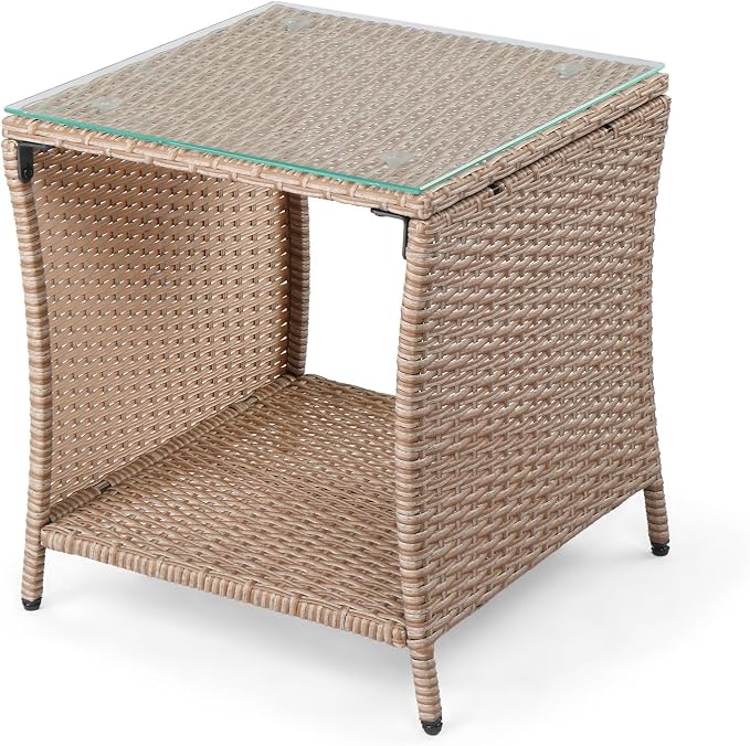 VINGLI Outdoor Wicker Side Table Patio Side Tables for Outside, Tempered Glass Top Wicker Table with Storage End Table for Balcony Porch Deck (Natural) - Image 3
