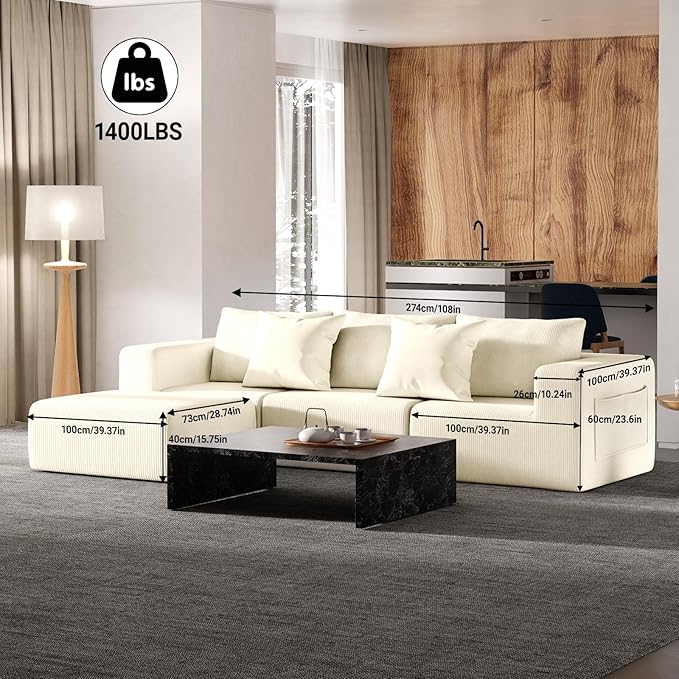 Modern L-Shaped Modular Sectional Sofa for Living Room, Oversized 3 Seaters Boneless Cloud Couch Sectional with Ottoman, Deep Seat, Pockets No Assembly Required (Beige)