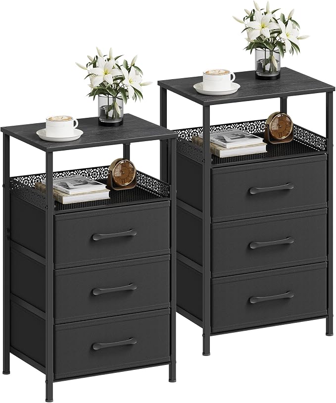 JARHETUN Nightstand Set of 2, Night Stands with 3 Fabirc Drawers, 26.4 Inch Tall Bedside Table with Metal Shelf, Modern Side End Table Storage Furniture, Small Dresser for Bedroom, Black by JARHETUN