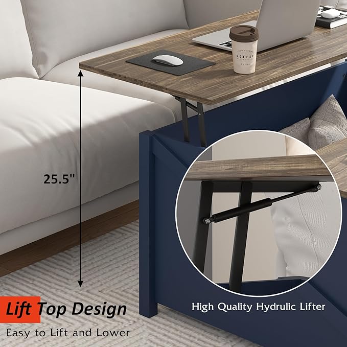 PUKAMI Lift Top Coffee Table with Storage, 31.5" Farmhouse Coffee Table for Living Room, Square Coffee Tables with Large Hidden Storage and Sliding Barn Doors, Navy Blue