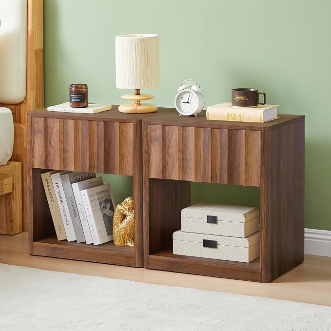 Bifins Fluted Dresser, Small Nightstands Set of 2, Walnut Bedside Table with Drawer and Storage, Mid Century Modern Side Table for Bedroom Sofa - Image 8