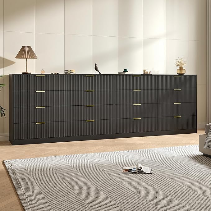 Black Dresser Set of 2, Large Dresser for Bedroom Wooden with 16 Drawers, Fluted Modern Bedroom Furniture Set, TV Stand Dressers & Chests of Drawers for Closet (15.7" D x 110.2" W x 36" H)