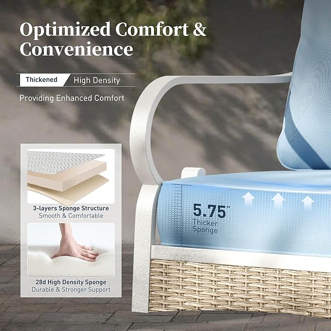 6 Piece Metal Outdoor Patio Furniture Set, Patio Conversation Set 3-Seater Sofa, 2 Fixed Sofa, 2 Rocking Chair with 5.75" Thick Cushion and Coffee Table White Backyard Furniture, Blue