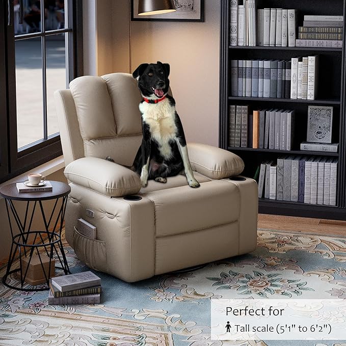 GarveeHome Leather Recliner Chair, Manual Recliner w/Comfortable Arms and Cup Holders for Living Room CF8011 - Large 21.2 in Seat Width, Beige