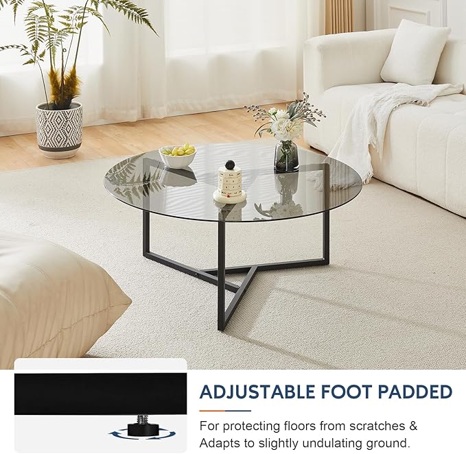 CLIPOP Small Round Coffee Table, Tempered Glass Coffee Table with Triangle Structure Metal Frame, Adjustable Feet Padded, Modern Coffee Table for Living Room, Small Space, Black