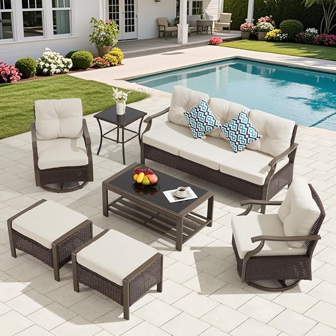 Outdoor Patio Furniture Set, 7 Pieces Outdoor Conversation Sets with Coffee Table, Side Table & Ottoman, Wicker Rattan Outdoor Sectional Sofa Set for Backyard, Deck, Porch, Poolside, Beig