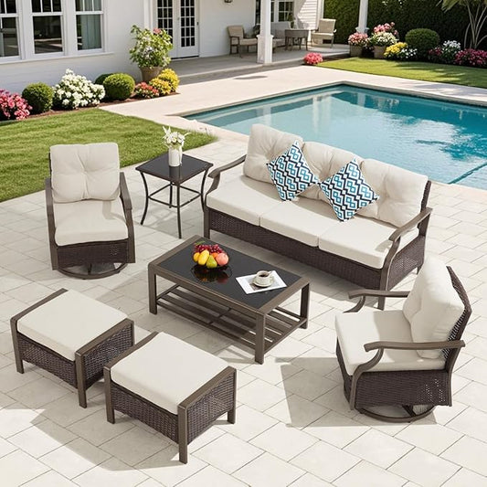 Outdoor Patio Furniture Set, 7 Pieces Outdoor Conversation Sets with Coffee Table, Side Table & Ottoman, Wicker Rattan Outdoor Sectional Sofa Set for Backyard, Deck, Porch, Poolside, Beig