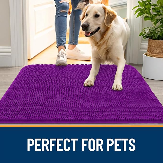 OLANLY Dog Door Mat for Muddy Paws 47x17, Absorbs Moisture and Dirt, Absorbent Non-Slip Washable Doormat, Quick Dry Chenille Mud Mat for Dogs, Entry Indoor Entryway Carpet for Inside Floor, Purple - Image 6