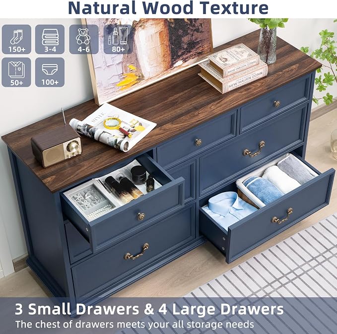 Joaxswe Farmhouse 54" 7 Drawers Dresser for Bedroom, Wide Chest of Drawers w/ 4 Wooden Legs, Vintage Rustic Large Closet Storage Dressers Organizer for Hallway, Wood TV Stand for Living Room, Blue - Image 4