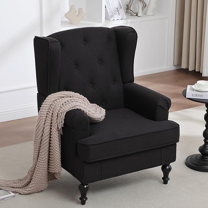 Accent Chair for Living Room, Mid Century Modern Upholstered Armchair, Wingback Chair with Tufted High Back and Solid Legs, Comfy Side Chairs Single Sofa for Bedroom, Black