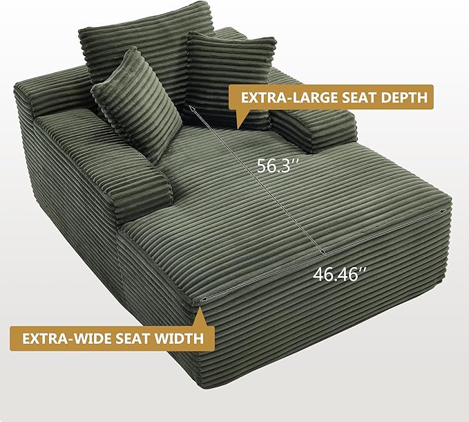 KEIKI 67" Corduroy Chaise Lounge Chair Sofa Bed with 9.9'' Wide Armrests, Oversized Sleeper Sofa, Deep Seat Lounge, Three Pillows, Convertible, No Assembly Required for Living Room, Green