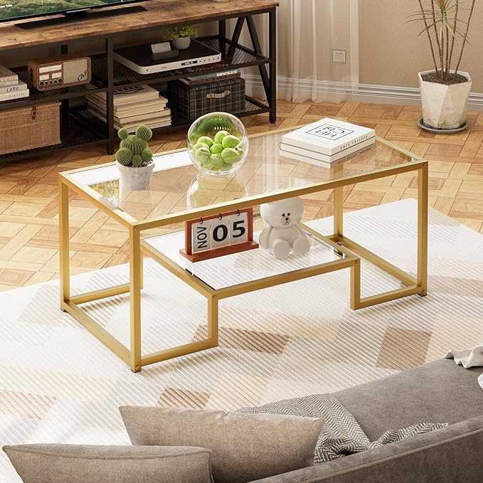 Coffee Table Gold Glass Coffee Table for Living Room,2 Tiers Rectangle Center Table with Sturdy Metal Frame,Modern Tempered Glass Accent Table for Bedroom Home Office