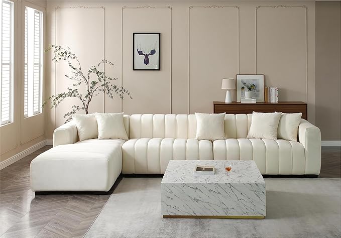 KEIKI 139" L-Shape Velvet Modular Sectional Sofa with Left Chaise Lounge, Modern Style Upholstered Oversized Reversible 3-Seater Channel Tufted Couch, Easy Assembly, for Apartment, Living Room, Beige