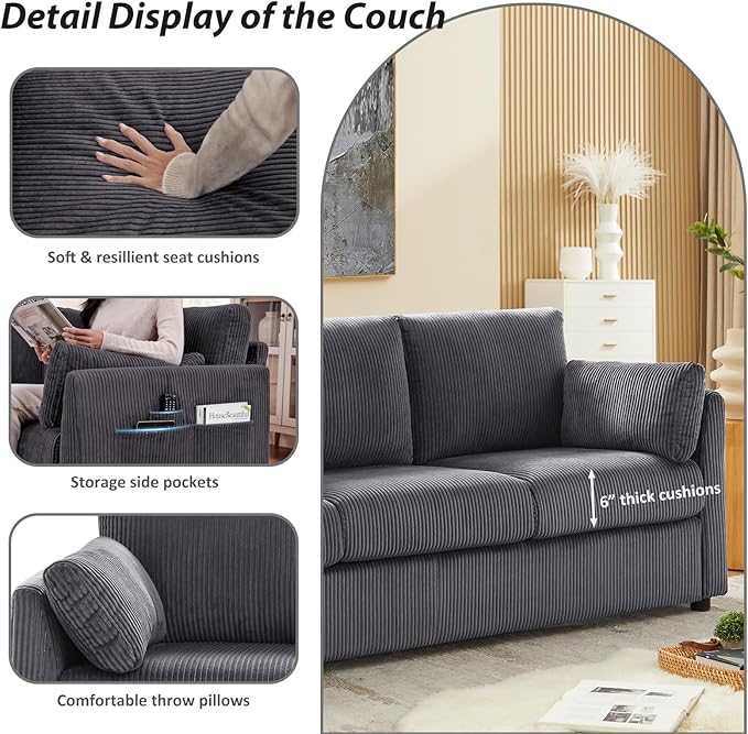 3 Pieces Corduroy Living Room Sofa Sets, 3-Seater Couch with Set of 2 Reading Armchairs, Comfy Pillows and Storage Pockets, Modern Living Room Furniture Sets for Apartment, Small Spaces, Grey