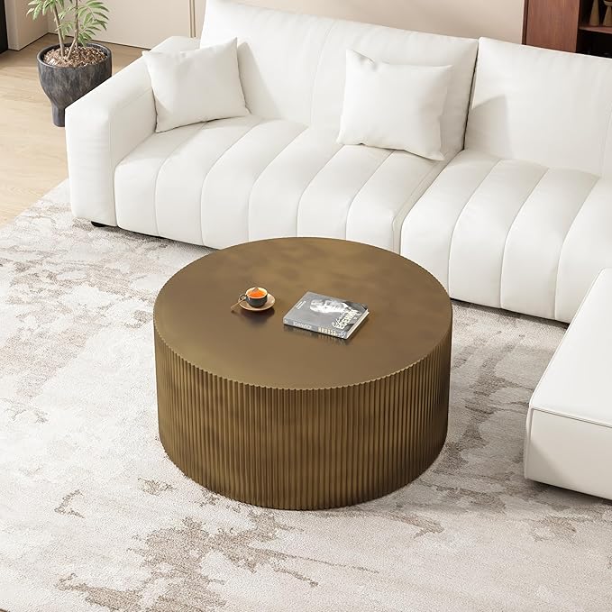 35.83" Gold Round Coffee Table, Minimalist Wave Stripe Modern Round Table, Drum Circle Coffee Tables for Living Room,Office Apartment,Gold