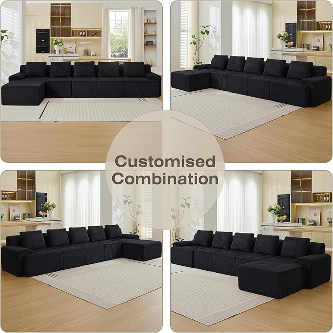 Modular Sectional Sofa, 6 Seat Modular Couch, Modular Sofa with Deep Seat and Detachable Pillow (Black, 6 Pieces-L Shape)