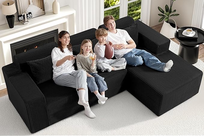 Homguava Modular Sectional Couches for Living Room,105" Cloud Couch with L-Shape Chaise,Comfy Sofa Living Room Sofas with Deep Seat,No Assembly L Couch,Corduroy Fabric(Black,R)