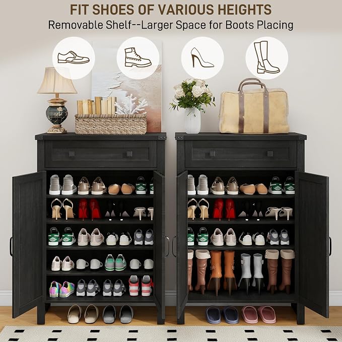 Halitaa Shoe Cabinet, Farmhouse Shoe Storage Organizer, Shoe Storage Cabinet with Doors & Drawer, Boots High-Shoe Cabinet Organizer for Entryway Living Room Hallway, Black - Image 4