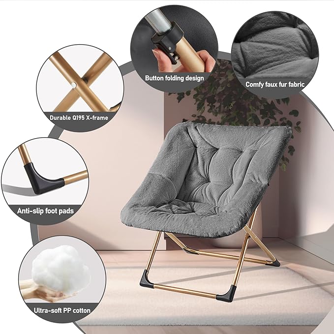 Youtanic Comfy Oversized Saucer Chair, Soft Faux Fur Reading Lounge Chair for Adults, Stable X-Large Metal Frame and Non-Slip Pad, Foldable Cozy Chairs for Bedroom, Living Room, Dorm, Dark Gray