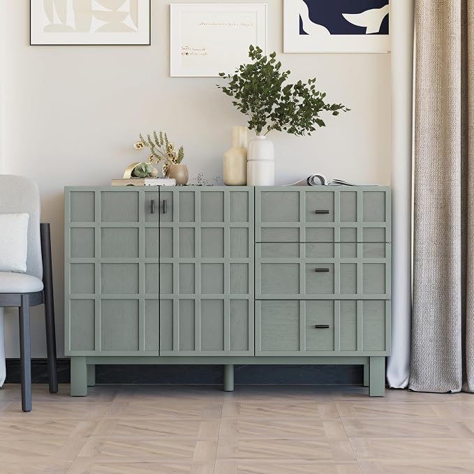 Aoikax Modern Sideboard Buffet Cabinet with 2 Doors & 3 Drawers, Minimalist Grid Carved Pine Front Storage Cabinet for Living Room, Kitchen, Ash Veneer Top, Metal Legs, Light Green by Aoikax