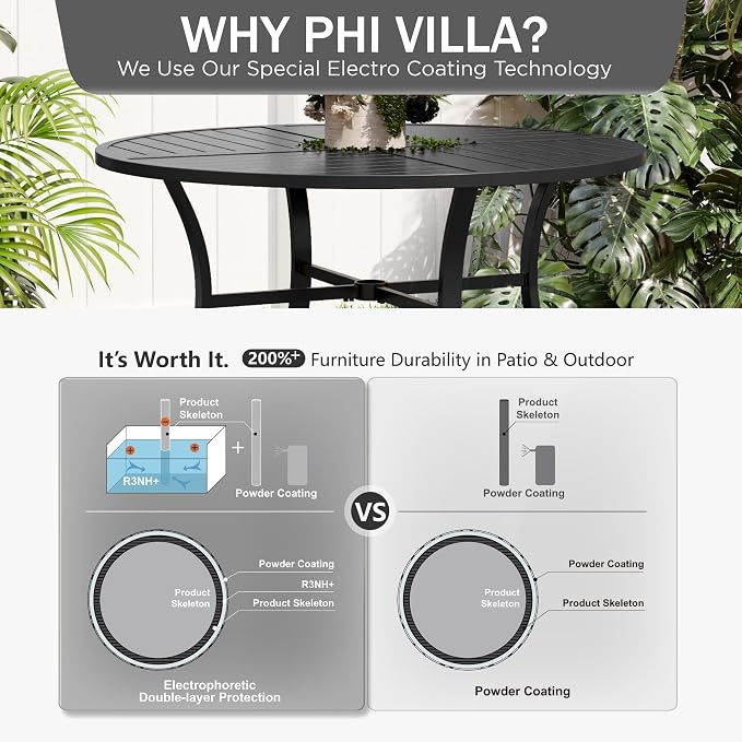 PHI VILLA Outdoor Round Dining Table for 4, 42" Large Metal Wrought Iron Table with Umbrella Hole, All Weather Dining Furniture for Patio, Deck, Yard, Porch - Black - Image 7