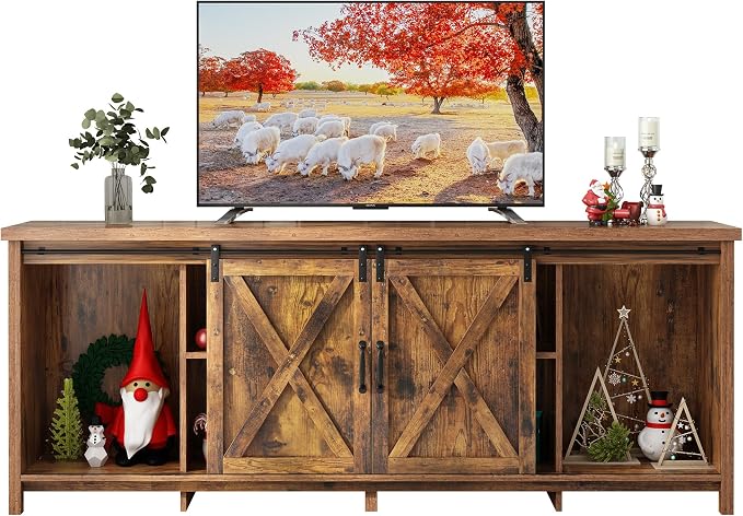 70" Farmhouse TV Stands for 70 75 80inch TV w/Adjustable Shelves,Sliding Barn Door.Wooden Entertainment Center,TV Console Cabinet with Storage for Bedroom Living Room(Brown 70in) - Image 8